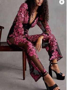 For Love & Lemons Black Sheer Wide-Leg Jumpsuit with Hot Pink Floral Embroidery